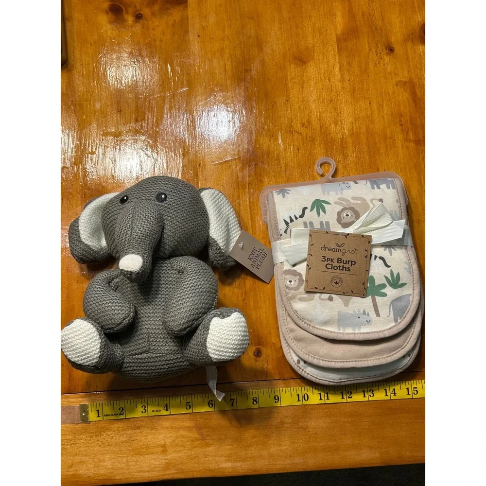 Grey‎ Knit Elephant Plush and 3-Pack Safari Tropic Burp Cloths Baby Gift Set NEW